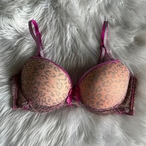 tarea pink leopard print push-up bra with silver metallic straps size 34C